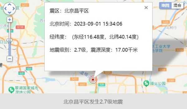 北京发生2.7级地震!震源深度17.00千米